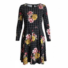 SHEIN Curve Plus Size 1X Black Floral Midi Skater Dress Long Sleeve Whimsical