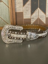 Angel Ranch Crystal Leather Belt Brown White Lace Western Buckle S NWT
