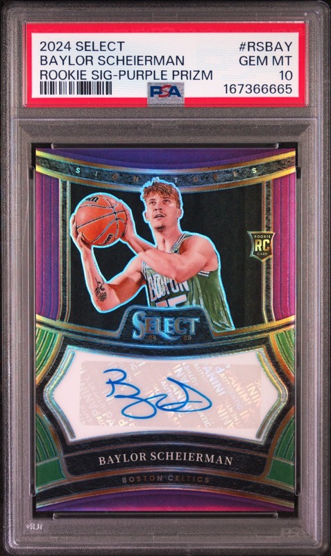 2024 SELECT ROOKIE SIGNATURES RSBAY BAYLOR SCHEIERMAN PURPLE PRIZM /75 PSA 10