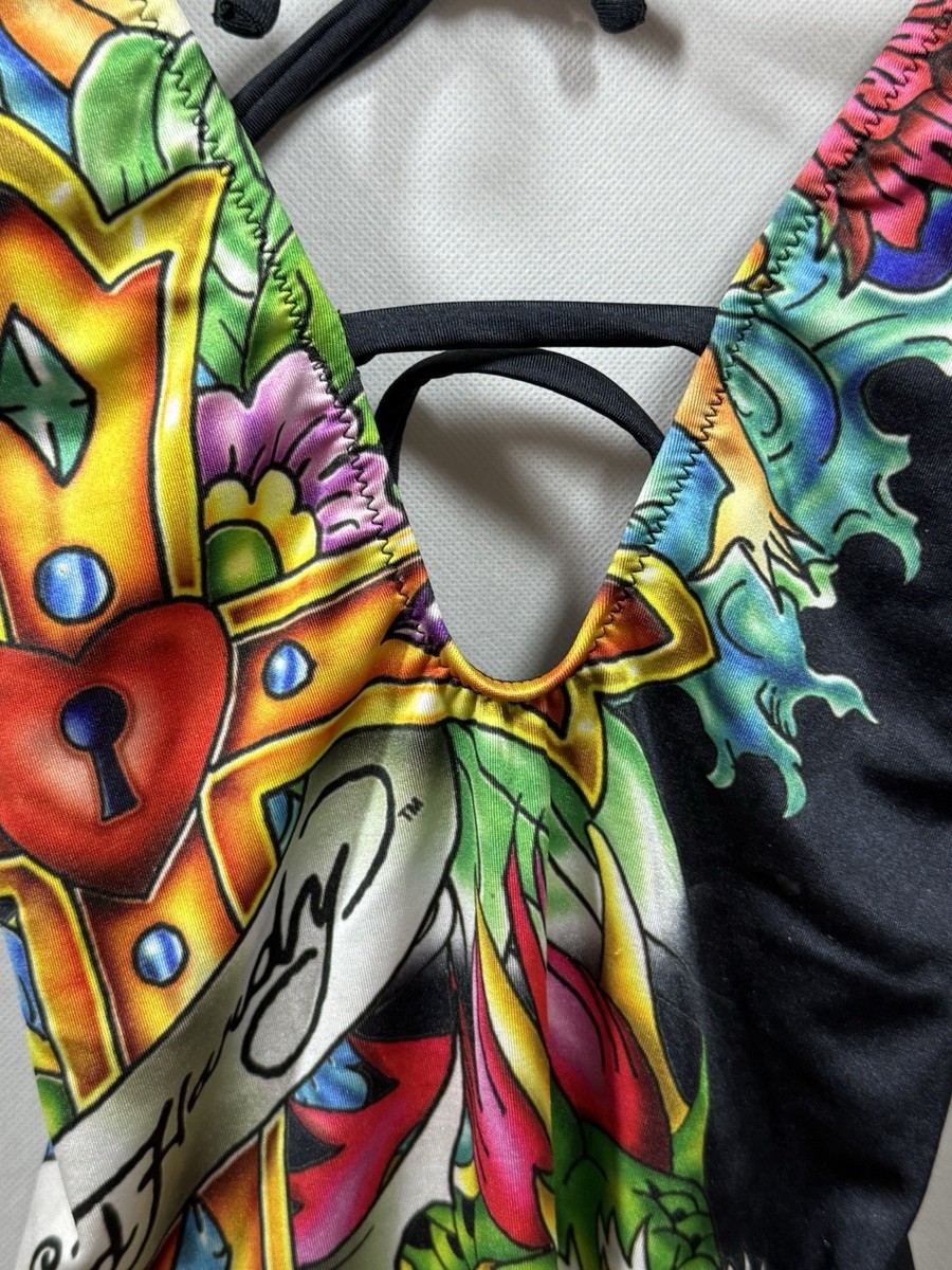 NNT ED Hardy Y2K McBling One Piece Swimsuit Dragon & Cross Halter