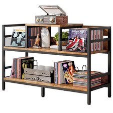 Forthcan Record Player Stand Vinyl Record Storage with 4 Dividers Brown Vinyl