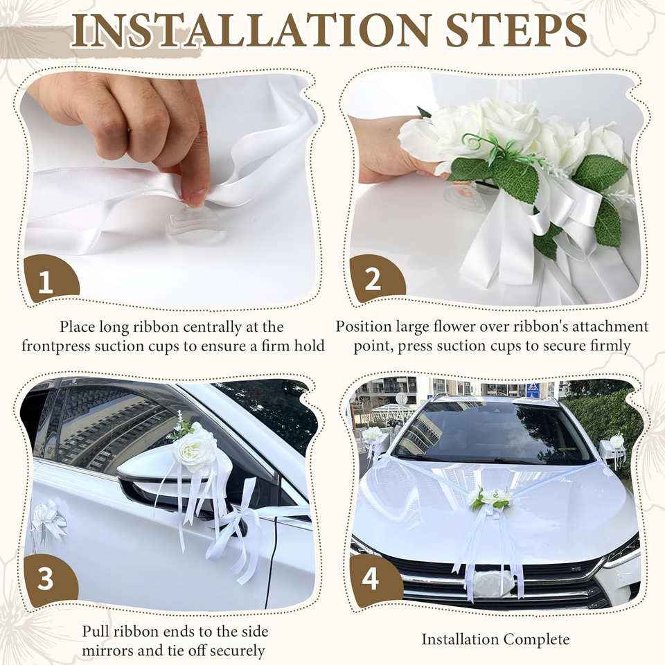 Set Decorazione Auto Matrimonio – Cofano Con 9 Rose, 10 Fiocchi E 2 Nastri Da 180 Cm, Ventose E Fascette Per Un Look Romantico