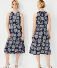 NWT ANN TAYLOR Navy Blue White Tile Pattern Sleeveless Midi Dress Size L