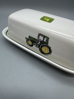 John Deere Covered Butter Dish Gibson “Nothing Runs Like a Deere” White Green