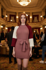 Color Block Sweater Dress - Midi Bodycon with Tie Waist