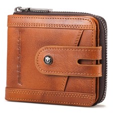 BULLCAPTAIN Genuine Leather Men's Wallet with Zipper Vintage RFID Brown
