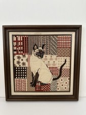 SIAMESE CAT Vintage Needlepoint Framed 17.5" Square