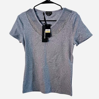 Bebe Women's Short Sleeve Rhinestone Y2k Top Size M Grey Sparkle New With Tag