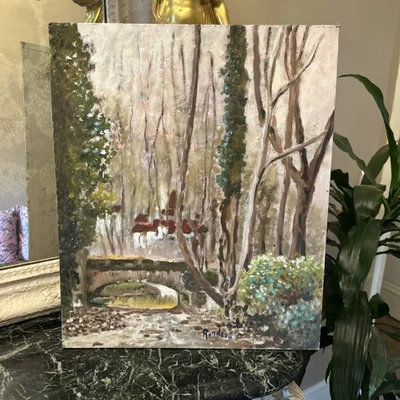 Tableau Huile Sur Panneau Ancienne Signée Paysage De Forêt Décoration Vintage - Photo 1/4