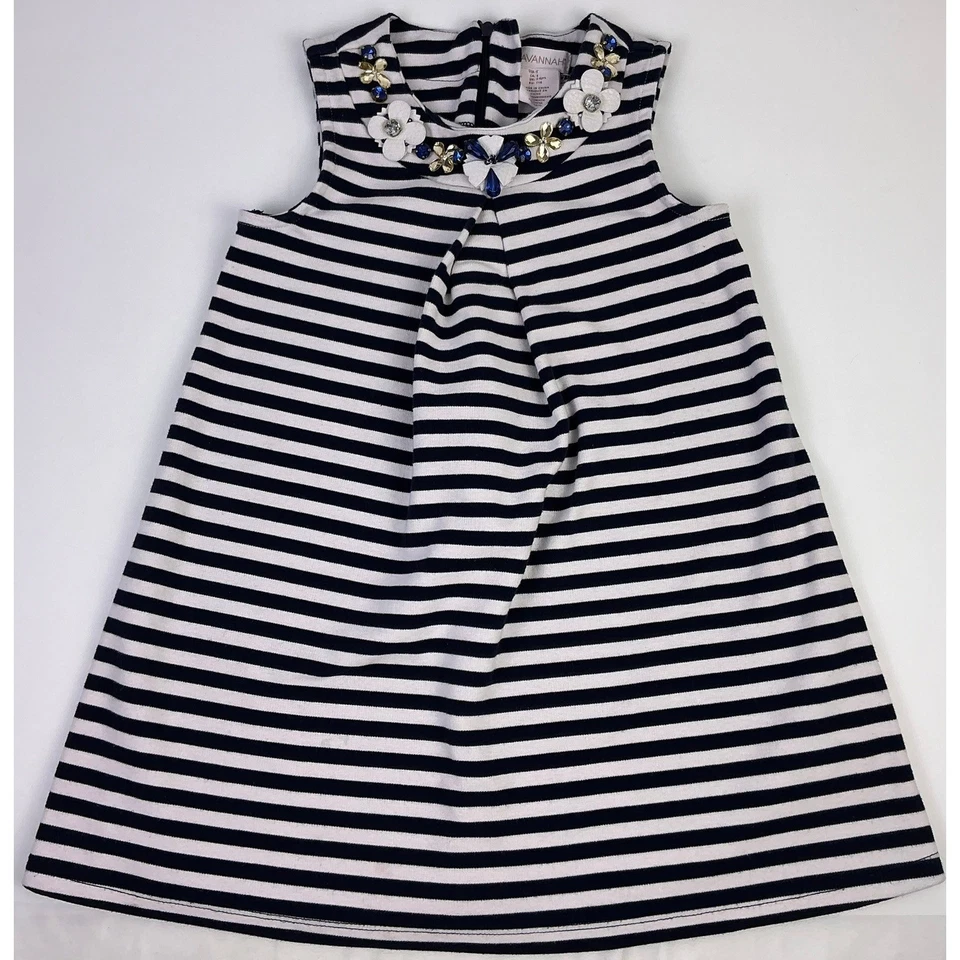 Vestido Savannah Niñas Azul Marino Blanco a Rayas Talla 6 Cuentas Cuello Floral Sin Mangas Foto 3 de 4