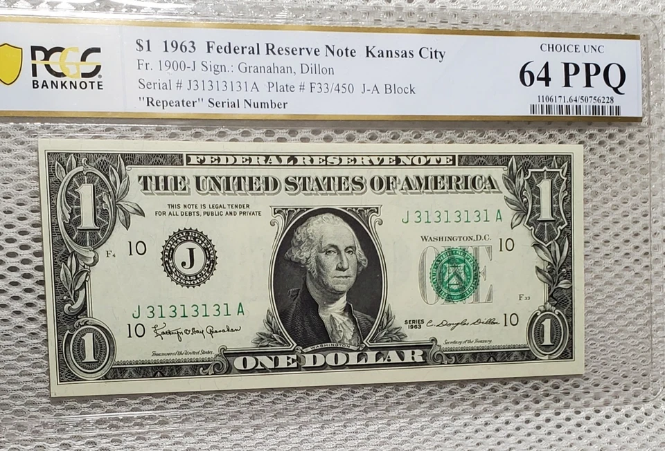 1963 $1 FRN Fancy Serial Super Repeater #31313131 Kansas PCGS Choice UNC 64 PPQ - Image 2 of 4