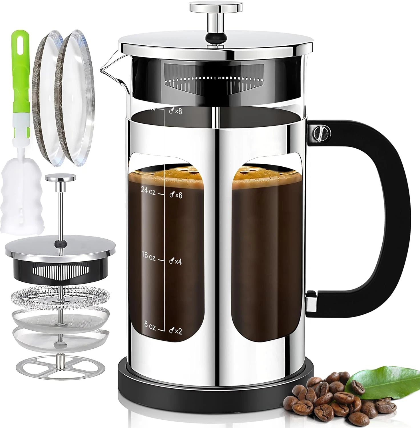 34oz French Press Coffee Maker, 6 Cup Coffee Press with 4 Filter System (SILVER)