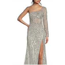 NWT Gianni Bini One Shoulder Gown Pearl Gray Silver Sz 3 Beaded Slit Formal Prom