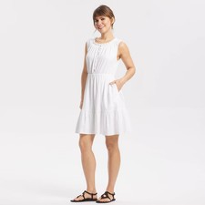 Women Smocked Neck Tiered Mini Dress - Universal Thread Off-White M