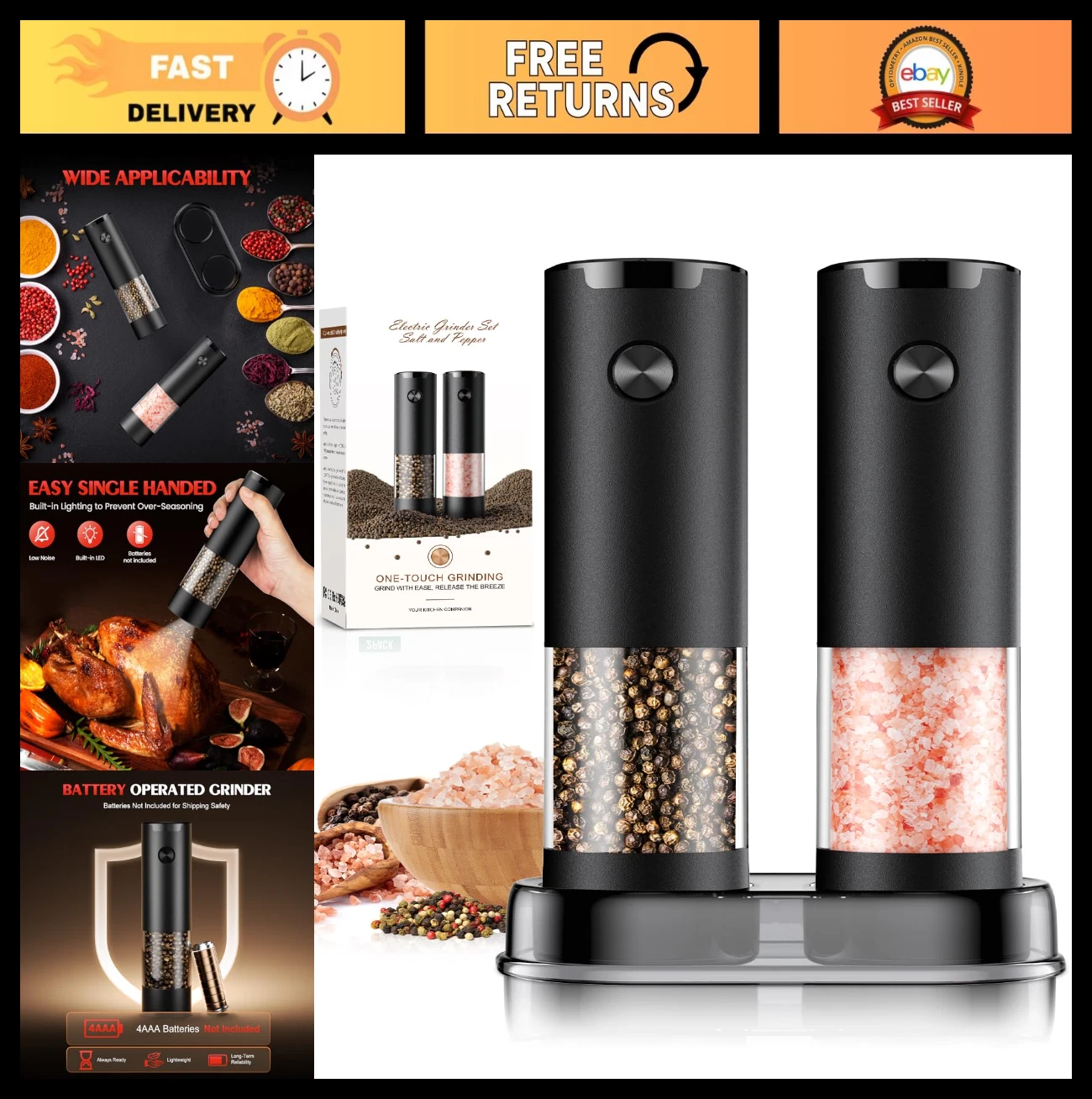 Automatic Electric Salt and Pepper Grinder Set - Adjustable Coarseness, LED, Lar