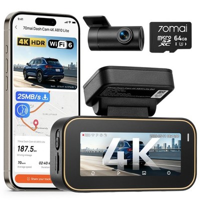 70mai A810 Lite 4K Dash Cam Front and Rear, 5GHz Lite-RC21-64GB, Black