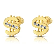 10K Real Solid Yellow Gold Dollar Sign CZ Sleeper Studs Earrings Screw-back