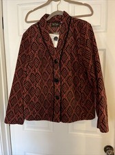 Bob Mackie Button Front Printed Fleece Jacket w/Pockets Size L Black  Brown NEW