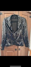 Bebe Ladies Black Paillette Sequin Zip Front Tuxedo Blazer Slim Fit Sz. 6