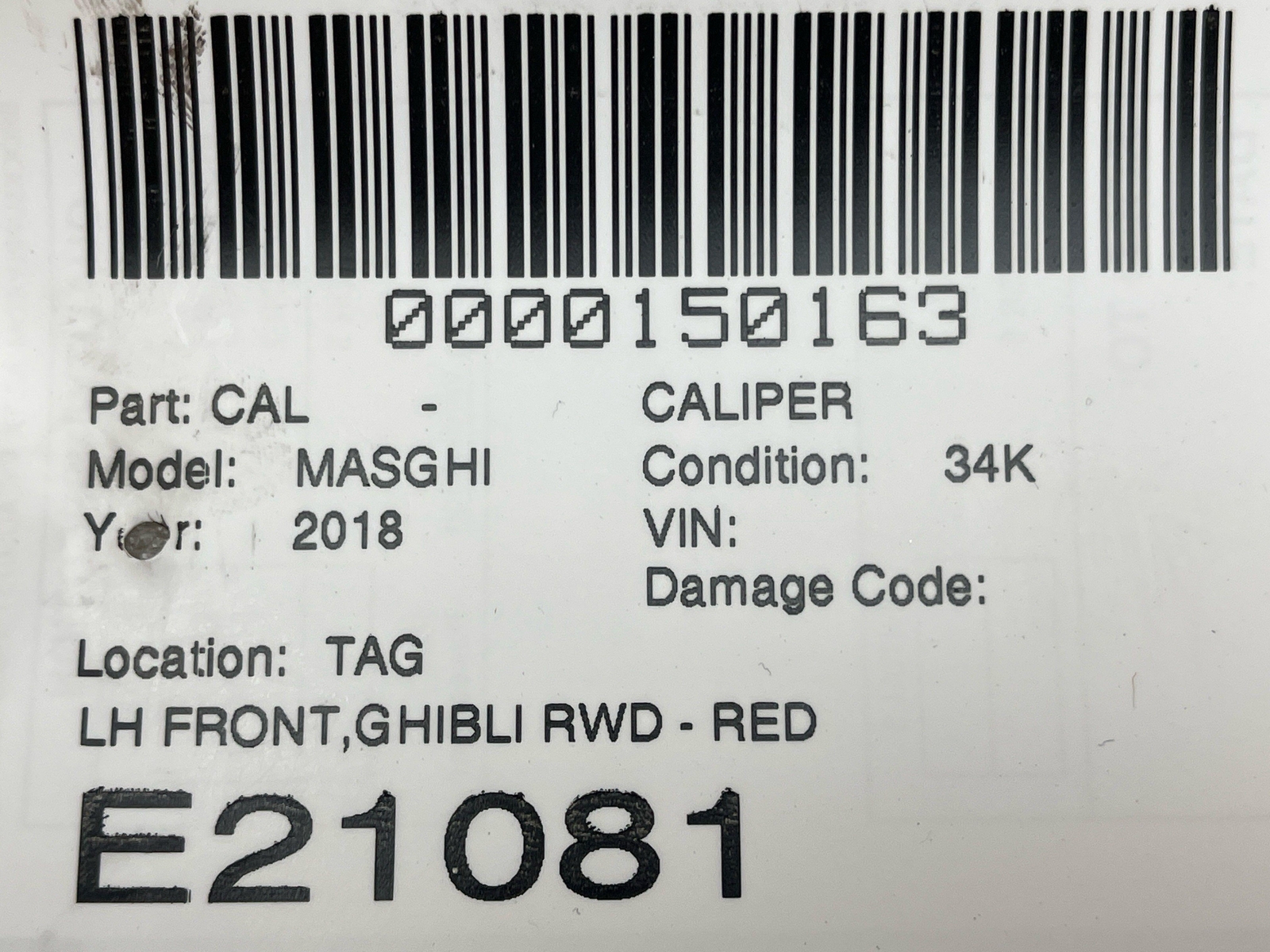 2018 MASERATI GHIBLI LH Driver Side Front Caliper (RED) - OEM