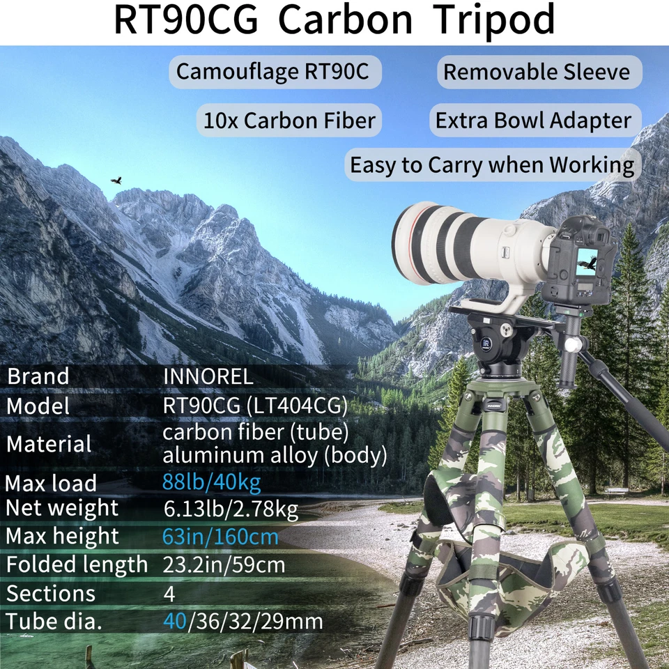 INNOREL Carbon Fiber Tripod 40mm Tube Pro Heavy Duty Camera Bowl Tripods RT90CG - Image 2 of 4