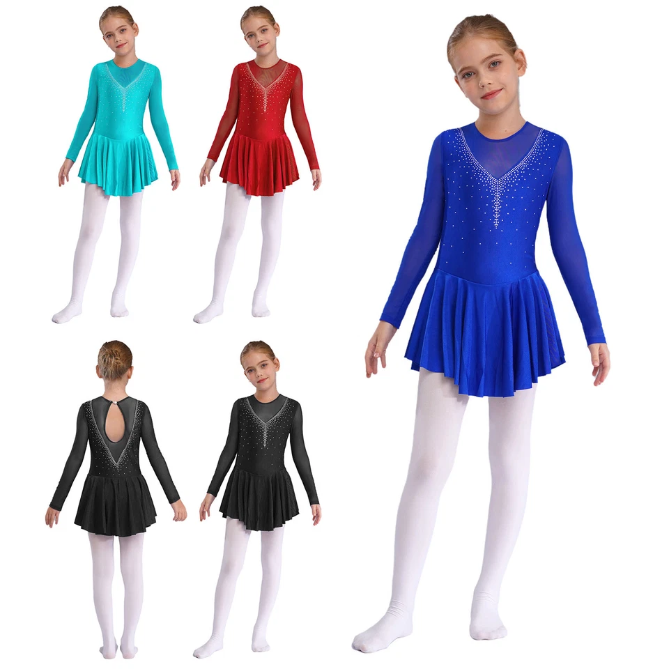 UK Girls Figure Ice Skating Competition Costume Long Sleeve Mesh Patchwork Dress - Image 2 of 4
