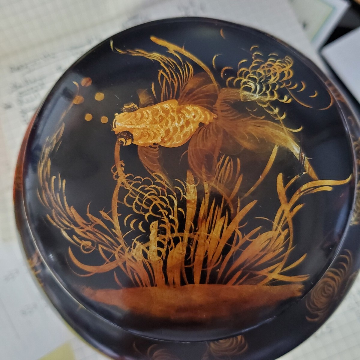Antique Japanese Lacquerware Black Goldfish Koi Censer Covered Jar