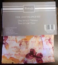 3 pc Set Kitchen Curtains: 2 Tiers (29"x36") & Valance (58"x12") BUTTERFLIES,LUX