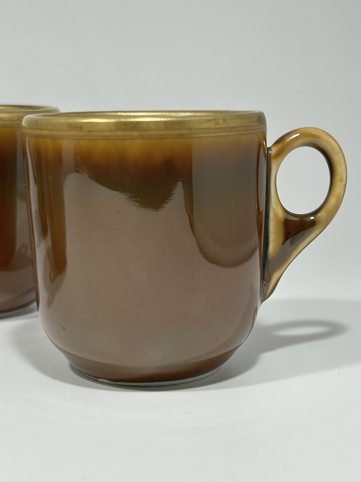 Vintage Fraunfelter China Set of 4 Espresso Cups Ohio Brown Luster Gold USA