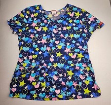 Dickies Scrub Top Blue Multicolor Hearts Stars Women Med Pit To Pit 20in V-Neck
