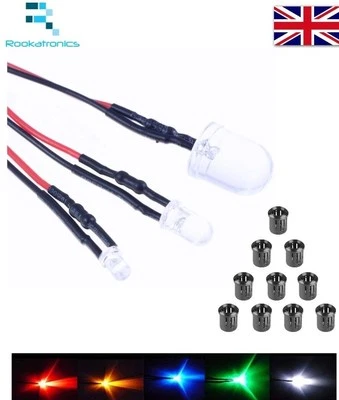 Prewired 12V LED 5mm 3mm 10mm White Red Green blue Bright etc Optional Holders