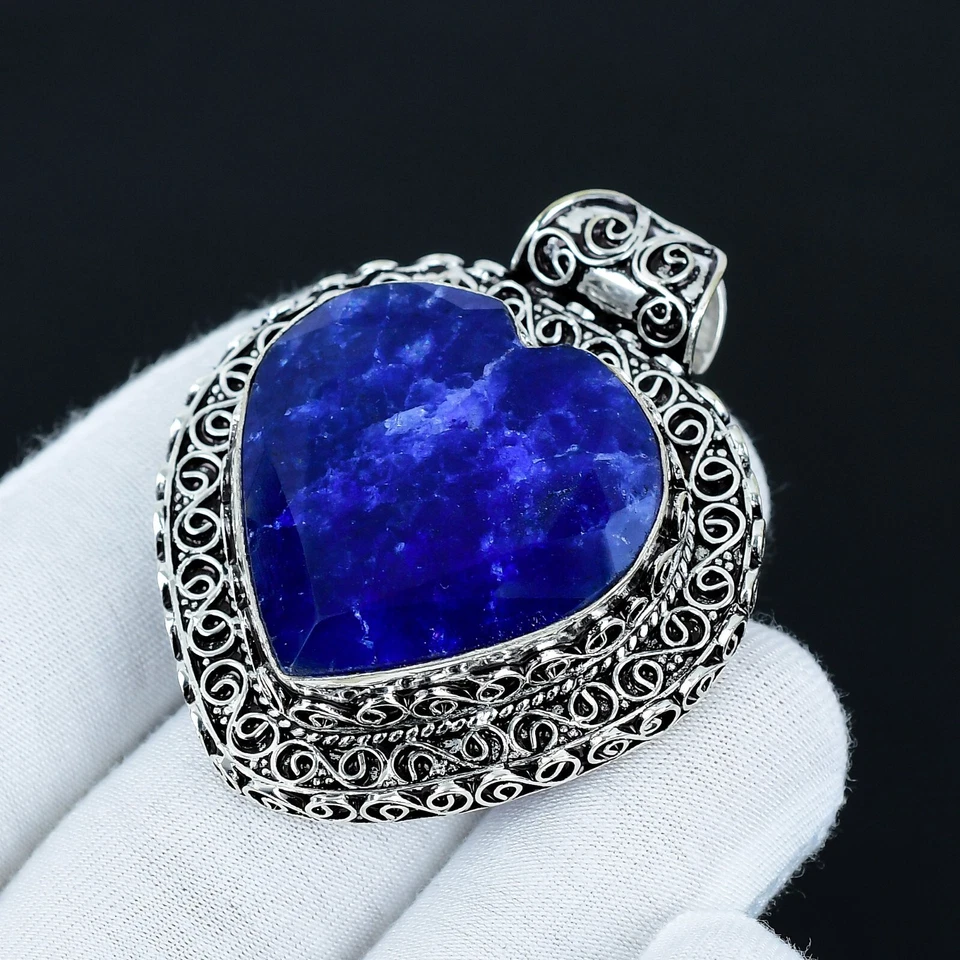 Zaffiro Blu Creato IN Laboratorio Gemma 925 Argento Sterling Cuore Ciondolo Per - Immagine 3 di 4