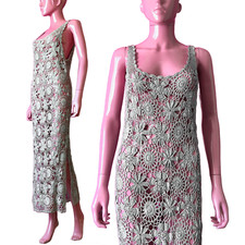 ASOS US 8 Hand Crochet Midi Tank Dress Drop Armhole Silver Side Slits Low V-back