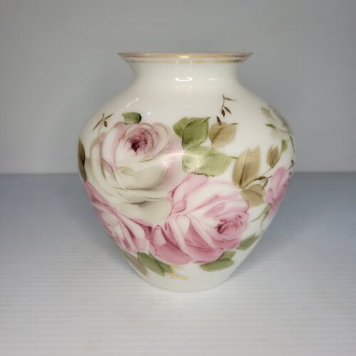 Milk Glass Vase Hand Painted Victorian Style Floral Roses Vintage - Picture 1 of 23