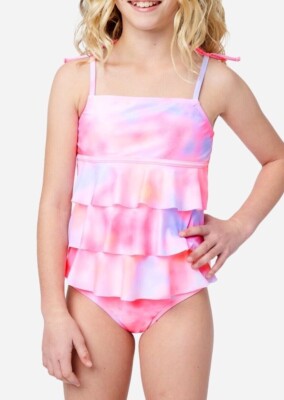 NWT JUSTICE Girl Swimsuit Tankini Bikini Pink Ruffle Swim 10
