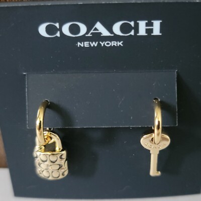 COACH Earrings Signature PADLOCK & KEY Gold Tone Brass Enamel