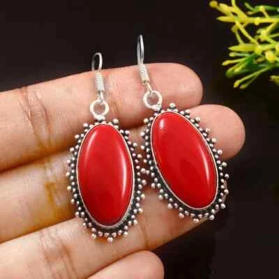 Lush Rote Koralle Edelstein 925 Sterling Silber Handgemacht Ohrring S-40 - Bild 1 von 4