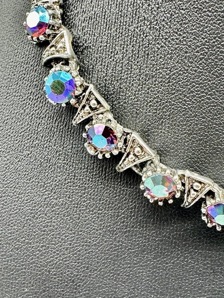 "Collar vintage de diamantes de imitación púrpura/verde iridiscente, juego de pulsera tono plata 16""" Foto 3 de 4