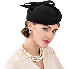 Wool Felt Fascinator Women Elegant Pillbox Hat Bowknot Derby Church Hat Retro...