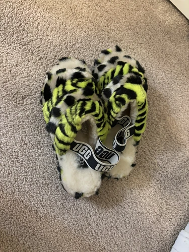 Sandali ciabatte UGG Fluff Yeah Animalia slingback taglia 7 nuovi verde leopardato