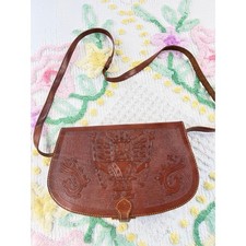 Vintage Hand Tooled Leather Aztec Mayan Calendar Crossbody Saddle Bag Brown