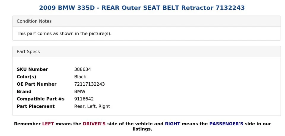 BMW 335D 2009 - retractor de cinturón de seguridad exterior trasero 7132243 Foto 3 de 4