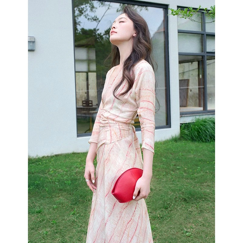 Vestido largo envolvente estilo francés para mujer cuello en V 100 % seda morera seda verano talla Foto 2 de 4