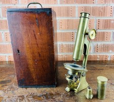 Antique Brass Microscope Edmund Wheeler London Objective Lens Eyepiece & Case
