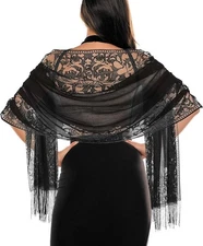Women's Floral Lace Scarf Shawl wif Tassels for Women's Evening Dress Black