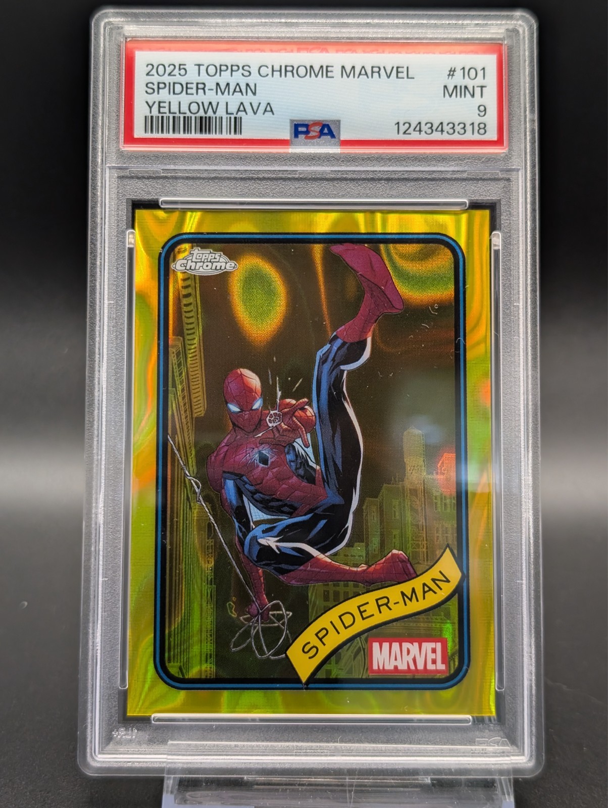 2025 Topps Chrome Marvel SPIDER-MAN Yellow Lava SP PSA 9