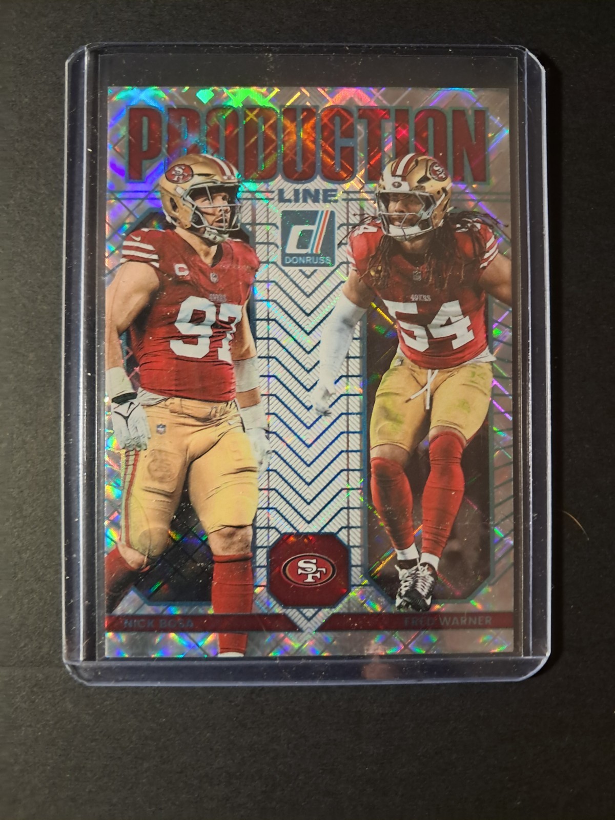 2025 Panini Donruss Nick Bosa/Fred Warner #12 Production Line Cosmic SP /100