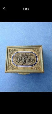 Vintage Ornate Relief-Work Trinket Box - Blue Enamel Border & Wood-Lined Vanity 