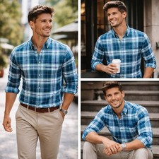 NWT Eddie Bauer Mens Blue Plaid Long Sleeve Button Down Shirt Stretch M