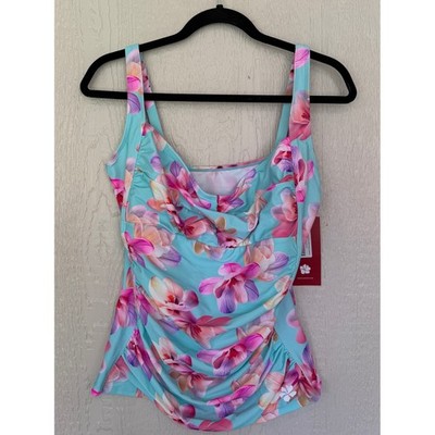 Hapari Floral Ruched Tankini Swim Top Blue Pink Turquoise Adjustable Straps NEW